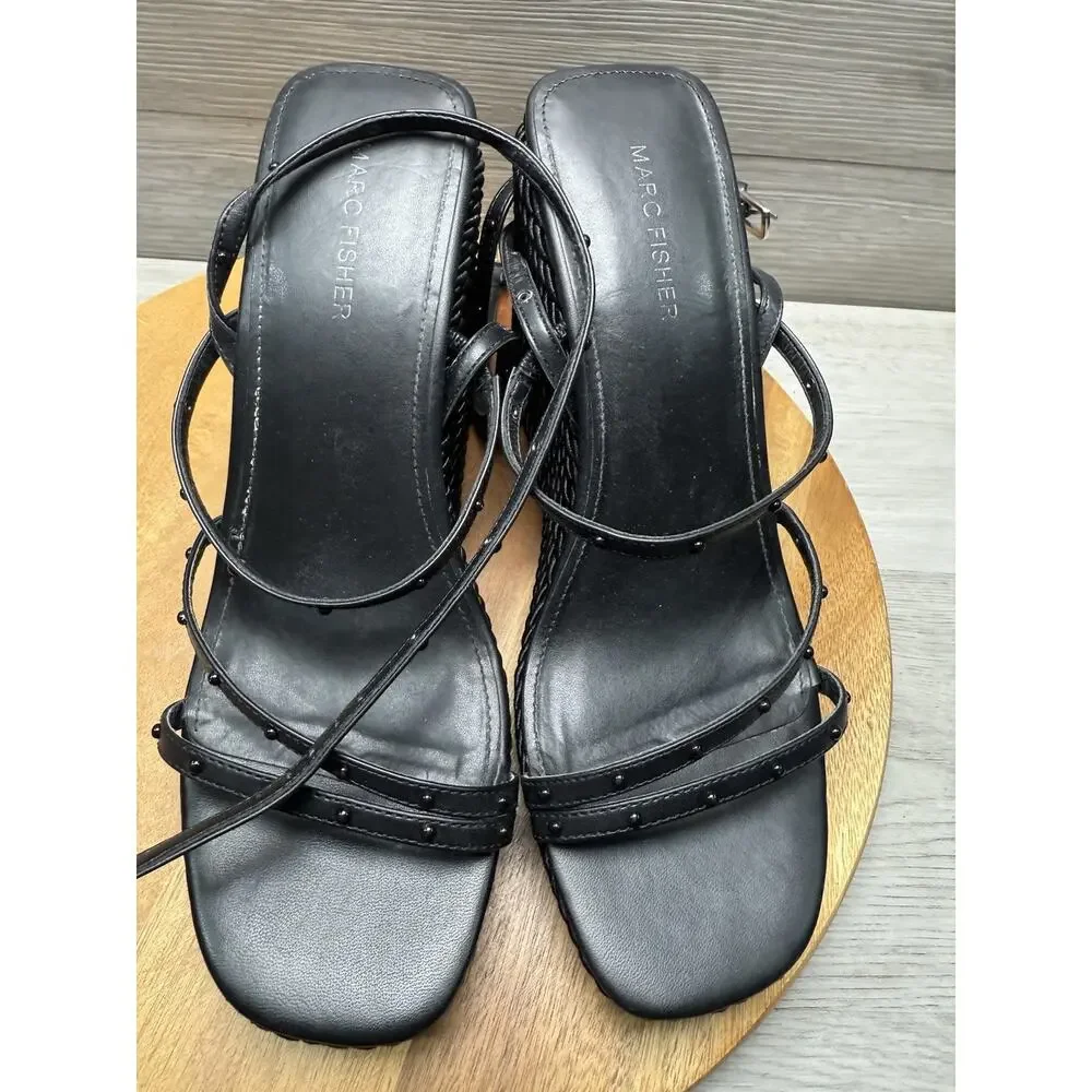 Marc Fisher Womens Zig Black Wedge Sandals Shoes 10 M